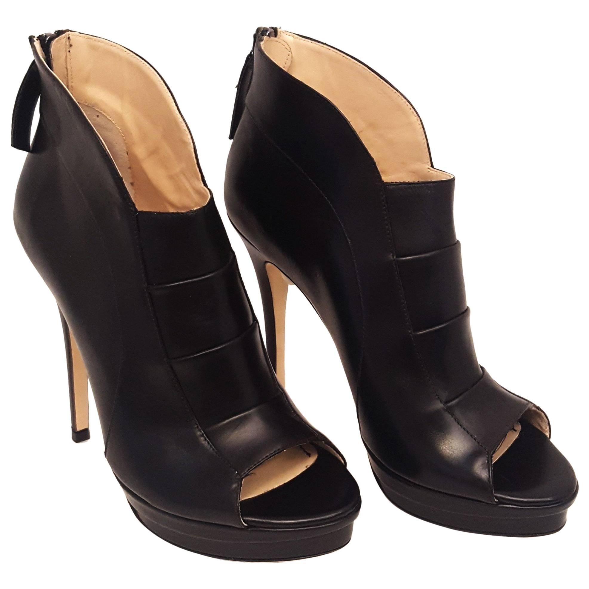 Jerome C. Rousseau Riviera Black Calfskin Peep Toe Ankle Boots  For Sale