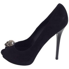 Alexander McQueen Black Suede Skull Platform Peep-Toe Pumps Sz 40.5/Us 10.5