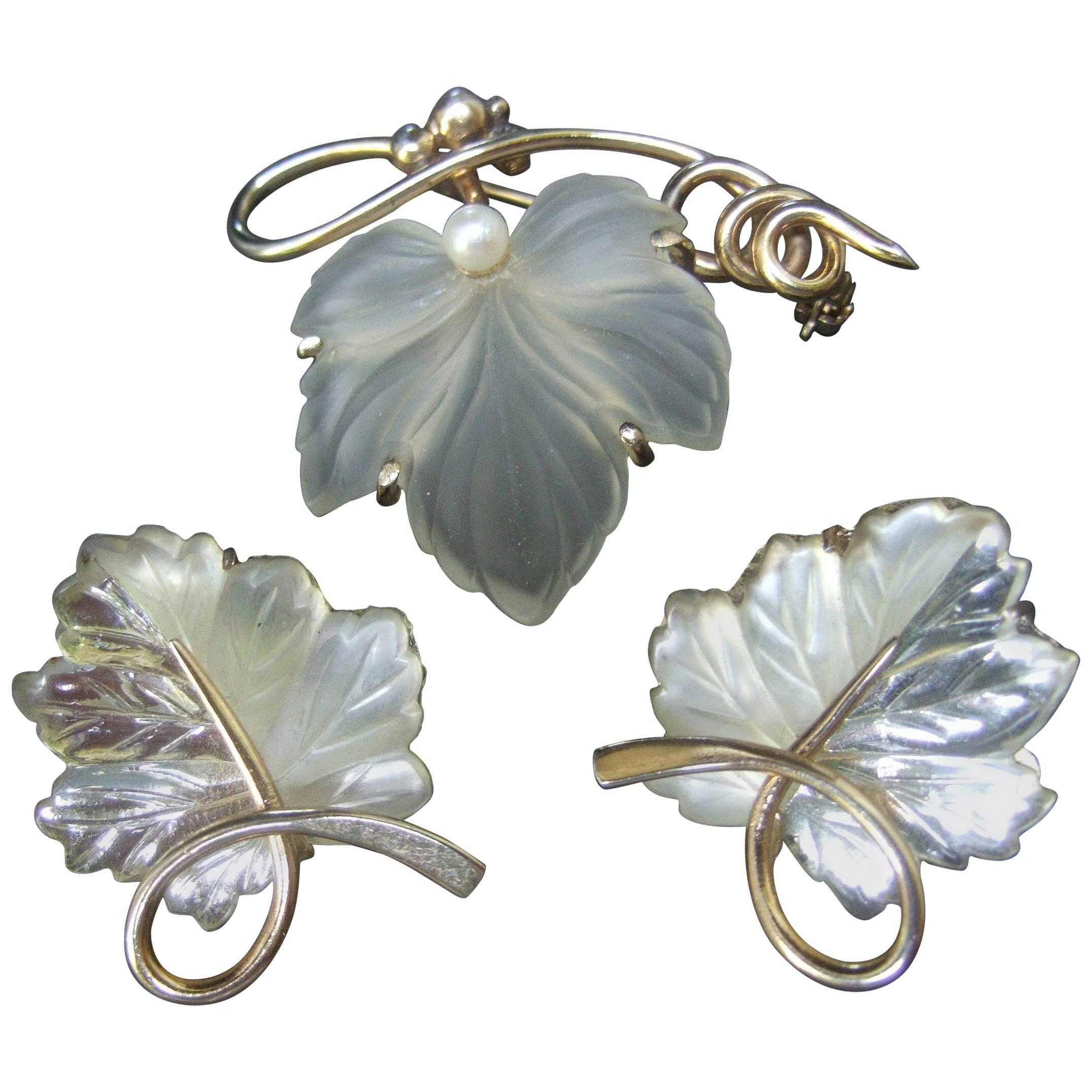 Napier Sterling Frosted Glass Leaf Brooch & Earrings circa 1960