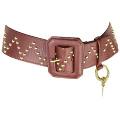 Vintage Yves Saint Laurent Brown Leather Gold Toned Studs with Gold Heart Charm Belt 