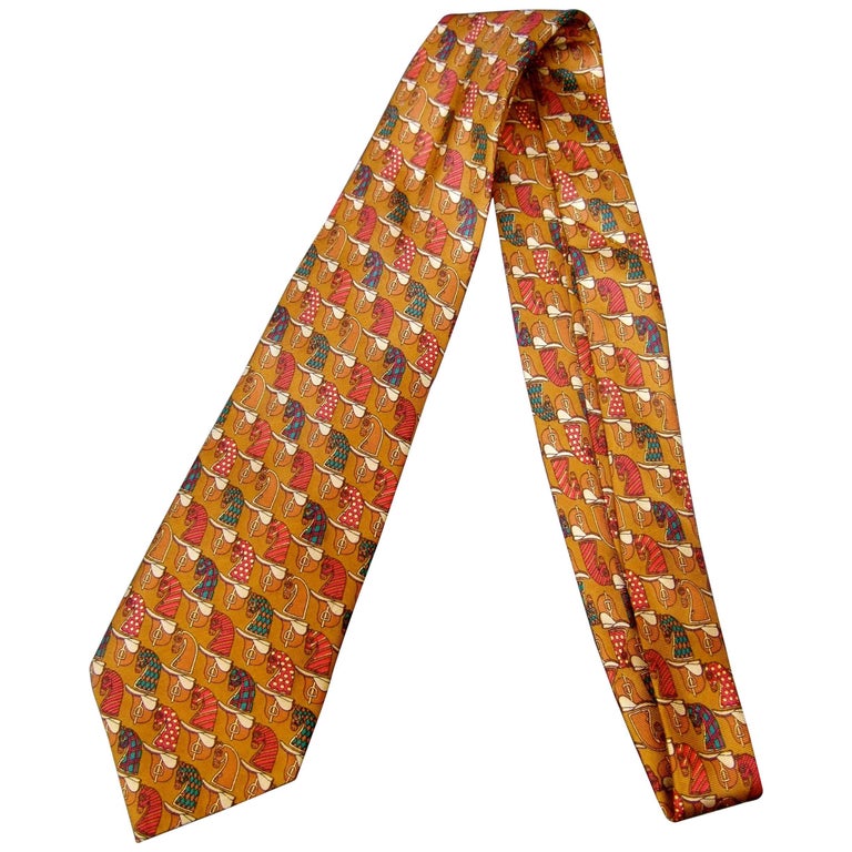 Burberry's Copper Silk Equestrian Theme Silk Necktie circa 1990s For Sale