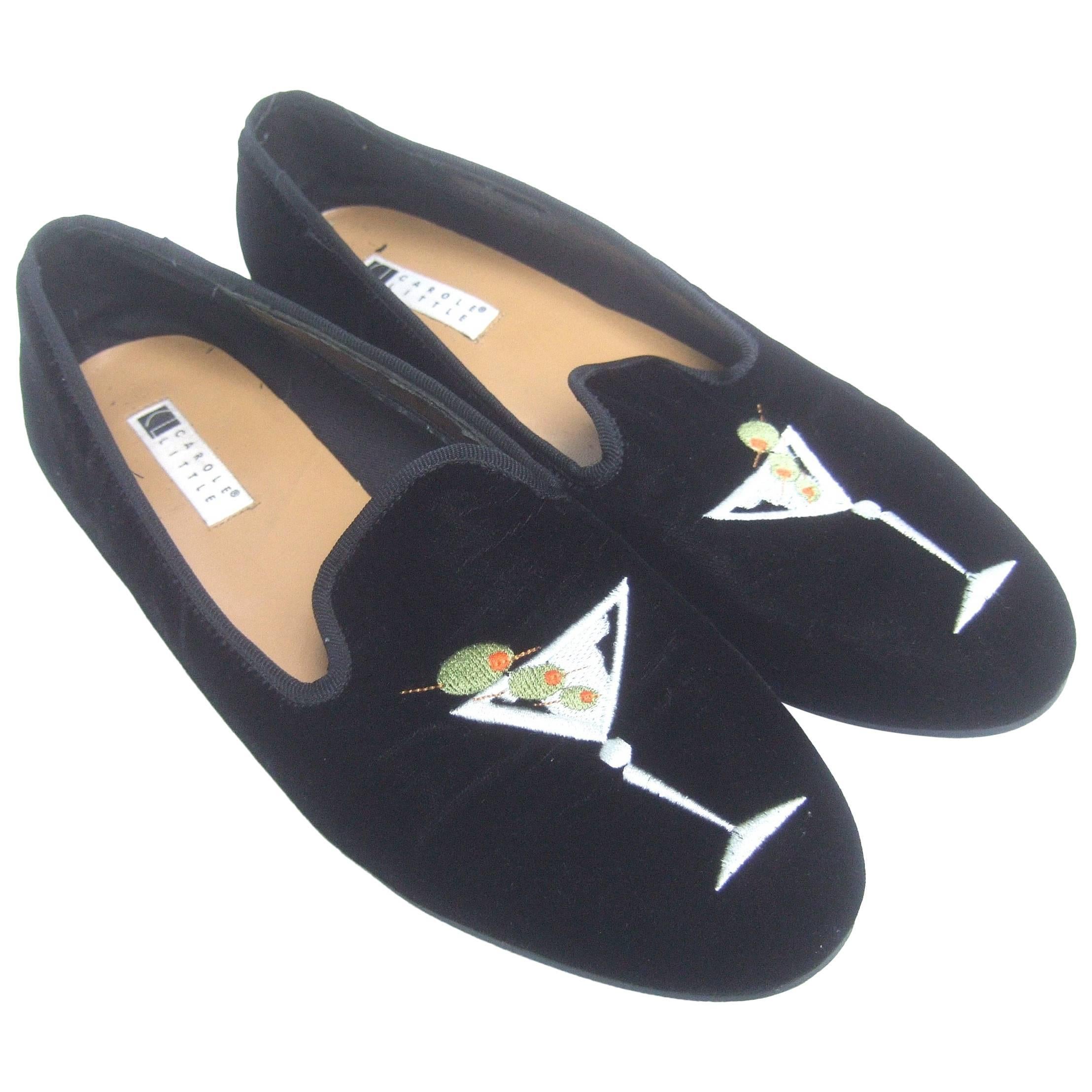 Black Velvet Embroidered Womens' Martini Glass Slipper Shoes US Size 10 M For Sale