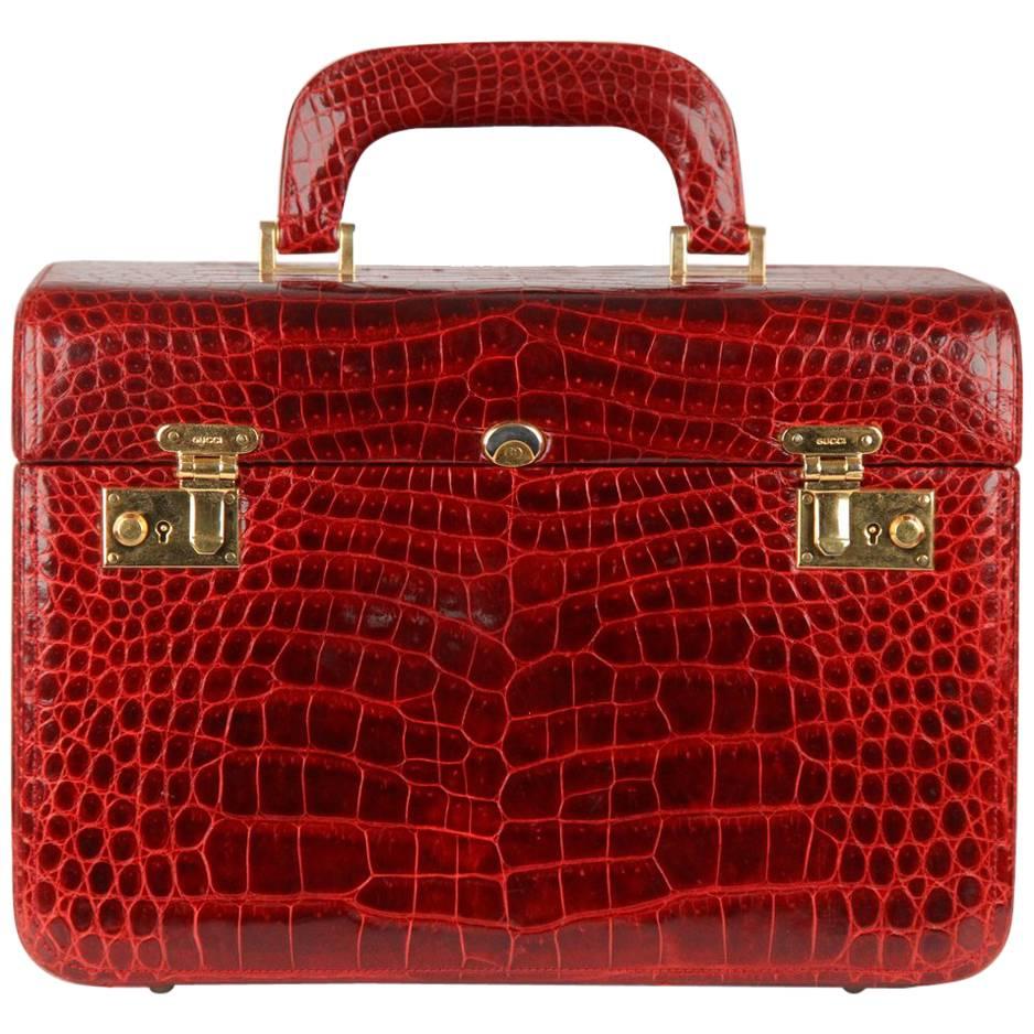 Gucci Vintage Burgundy Crocodile Beauty Travel Bag Train Case 