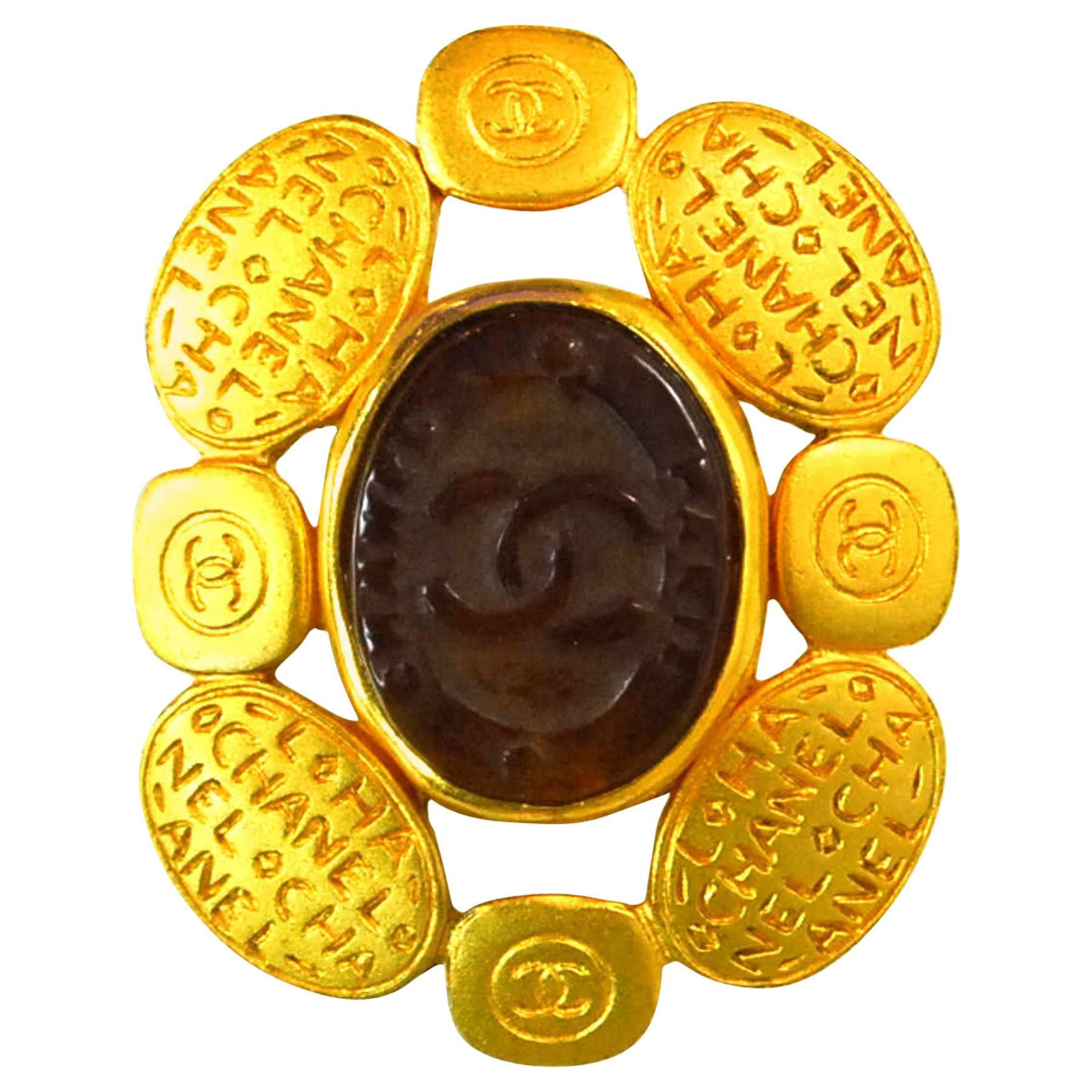 Chanel 1990s Vintage CC Logo and Amber Glass Brooch Pin