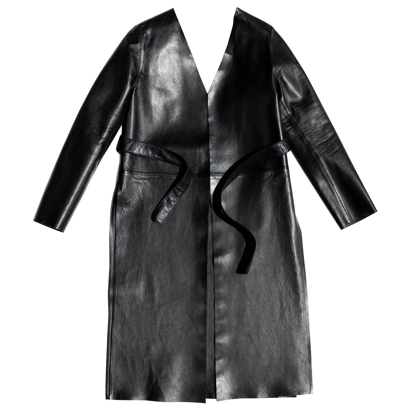 Maison Martin Margiela Black Collarless Lamb Leather Coat For Sale