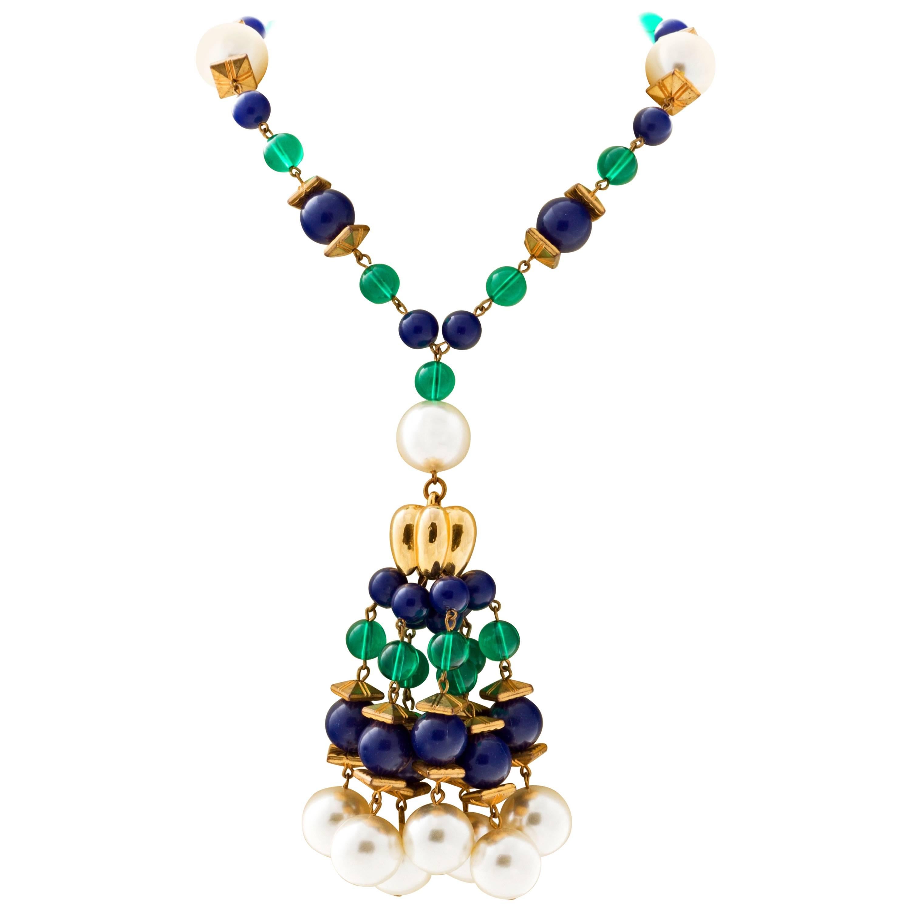 Französische Sautoir-Tropfen-Halskette aus den 60er Jahren mit Perlen und Perlen