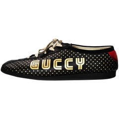 Gucci Men's Black & Gold Falacer Guccy Sega Logo Sneakers Sz 9.5