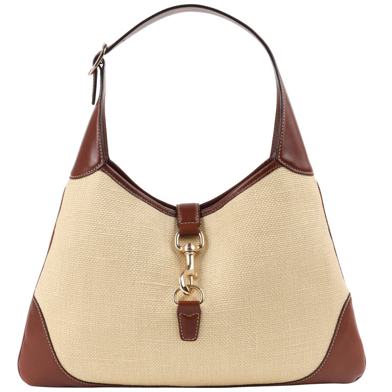 GUCCI Jackie O Bouvier Cream Canvas and Brown Leather Hobo Shoulder Bag  at 1stDibs