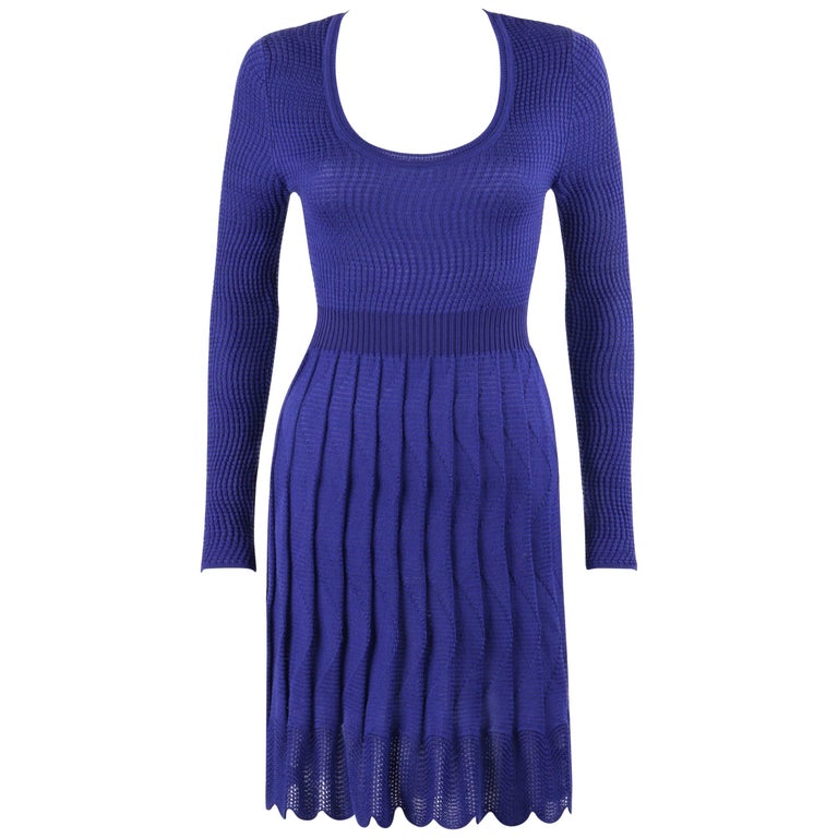 MISSONI Royal Blue Wool Rib Knit Long Sleeve Pleated Shift Dress For