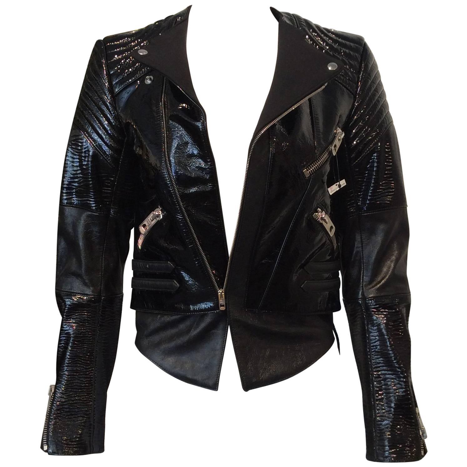 Balenciaga Black Patent Leather Textured Zippered Motorcycle Jacket  For Sale