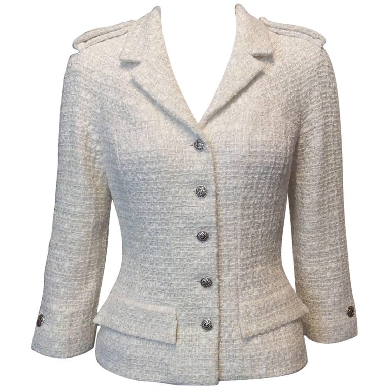 Chanel Cream and Silver Accented Tweed Jacket With Silver Buttons Sz38/Us6  at 1stDibs