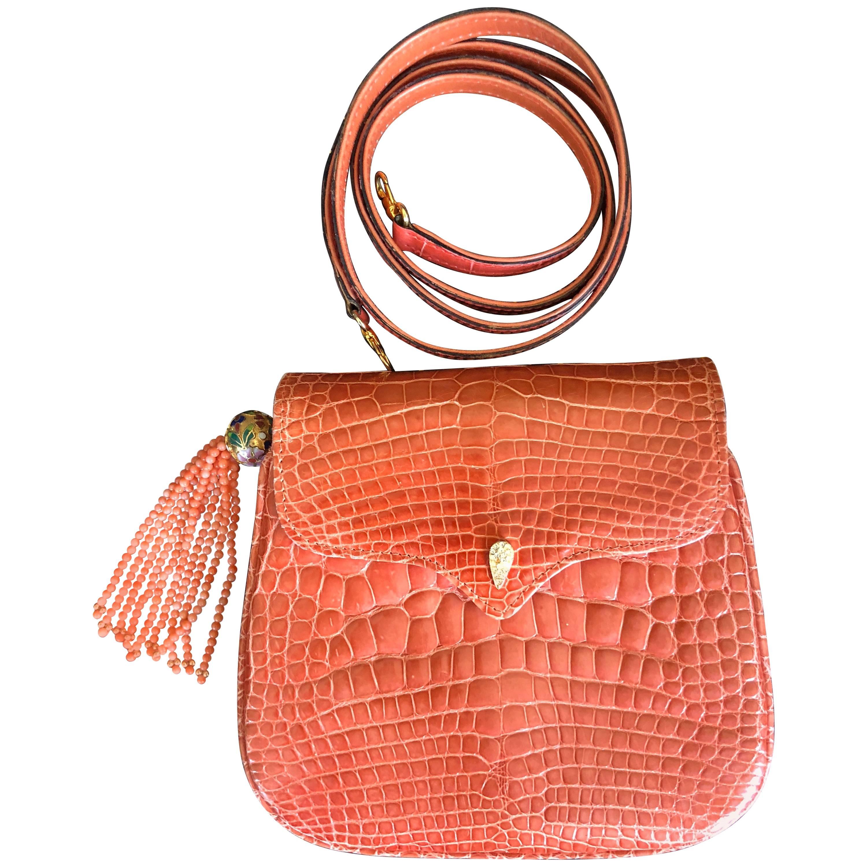  Lana of London Exquisite Orange Crocodile Evening Bag with Coral Bead Strap For Sale