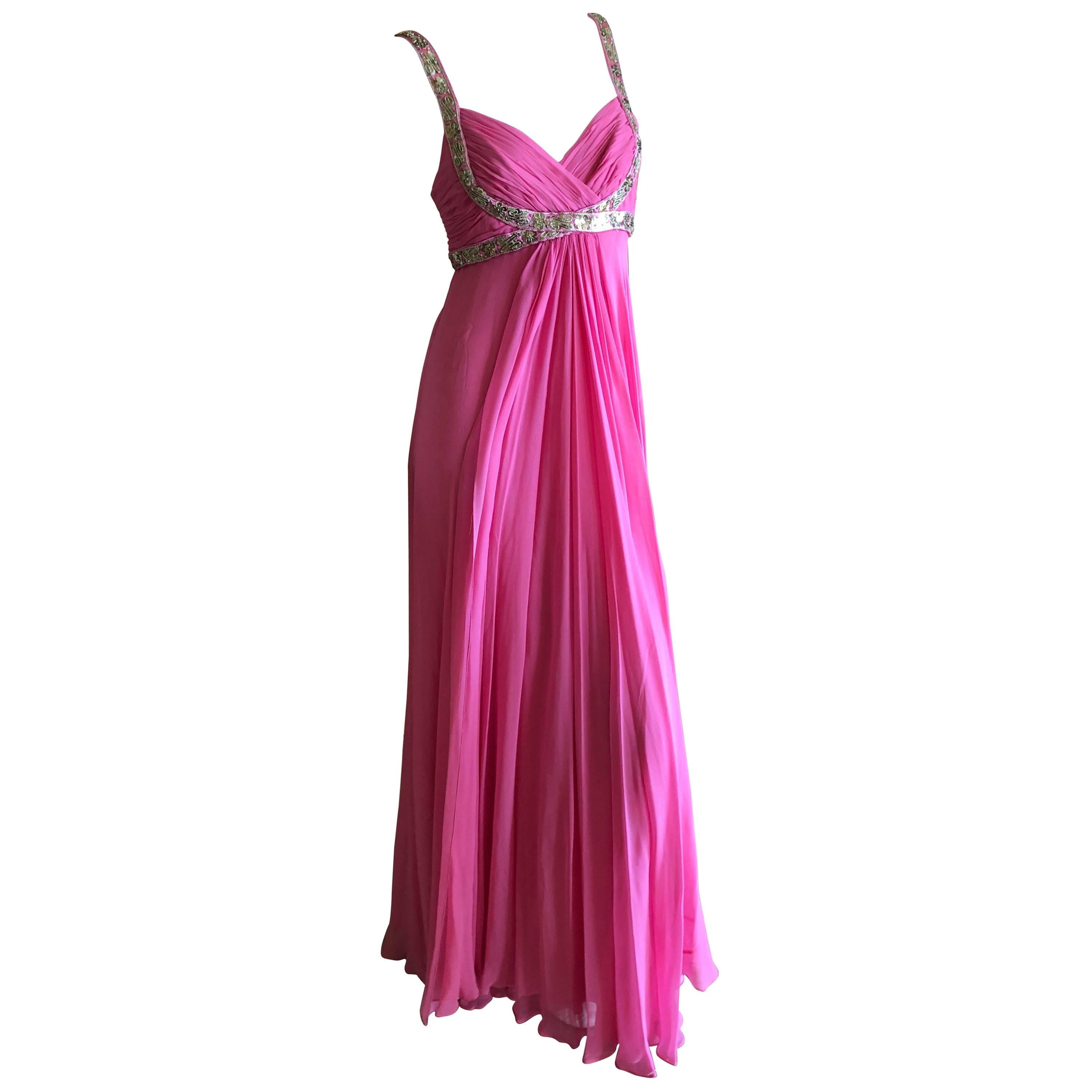 Marchesa Notte Silver Sequin Accented Pink Grecian Gown For Sale