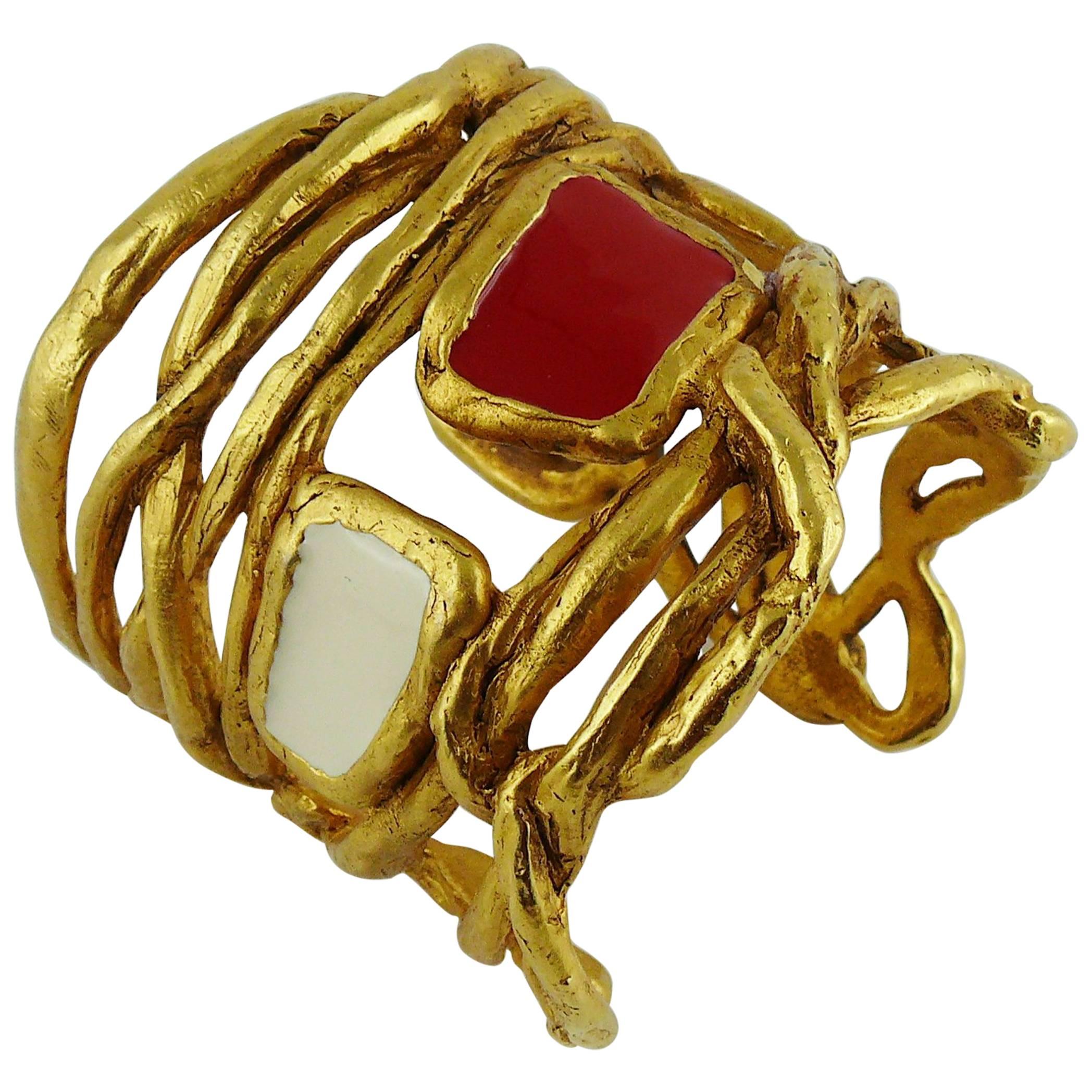 Christian Lacroix Vintage Gold Tone Wired Cuff Bracelet with Red White Enamel