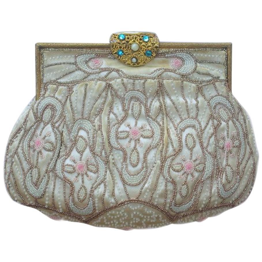 Art Deco Bag with Blue and Pink Pastel Beads, and White and Bronze Beads
