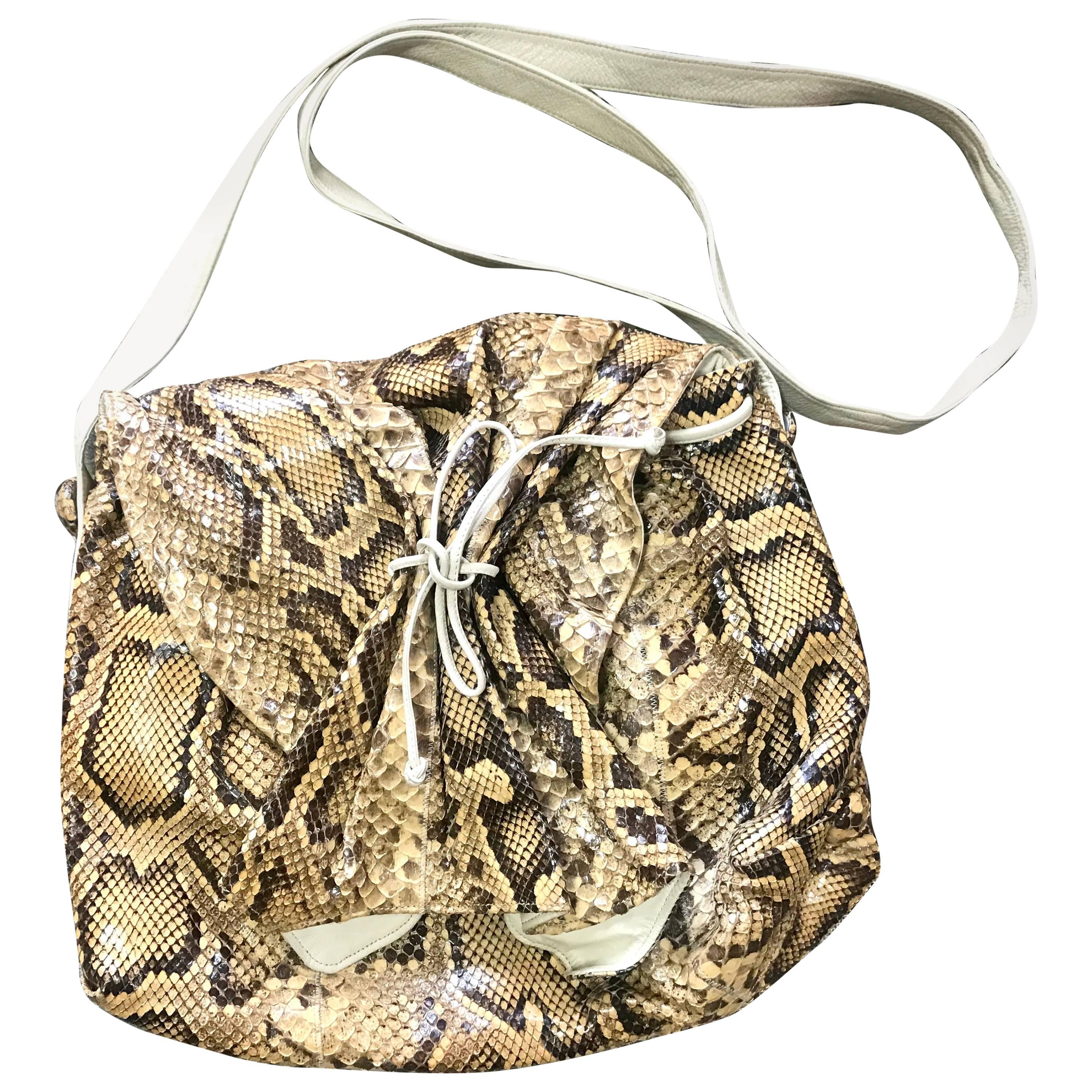 Vintage Carlos Falchi beige and brown snakeskin large messenger shoulder bag. For Sale