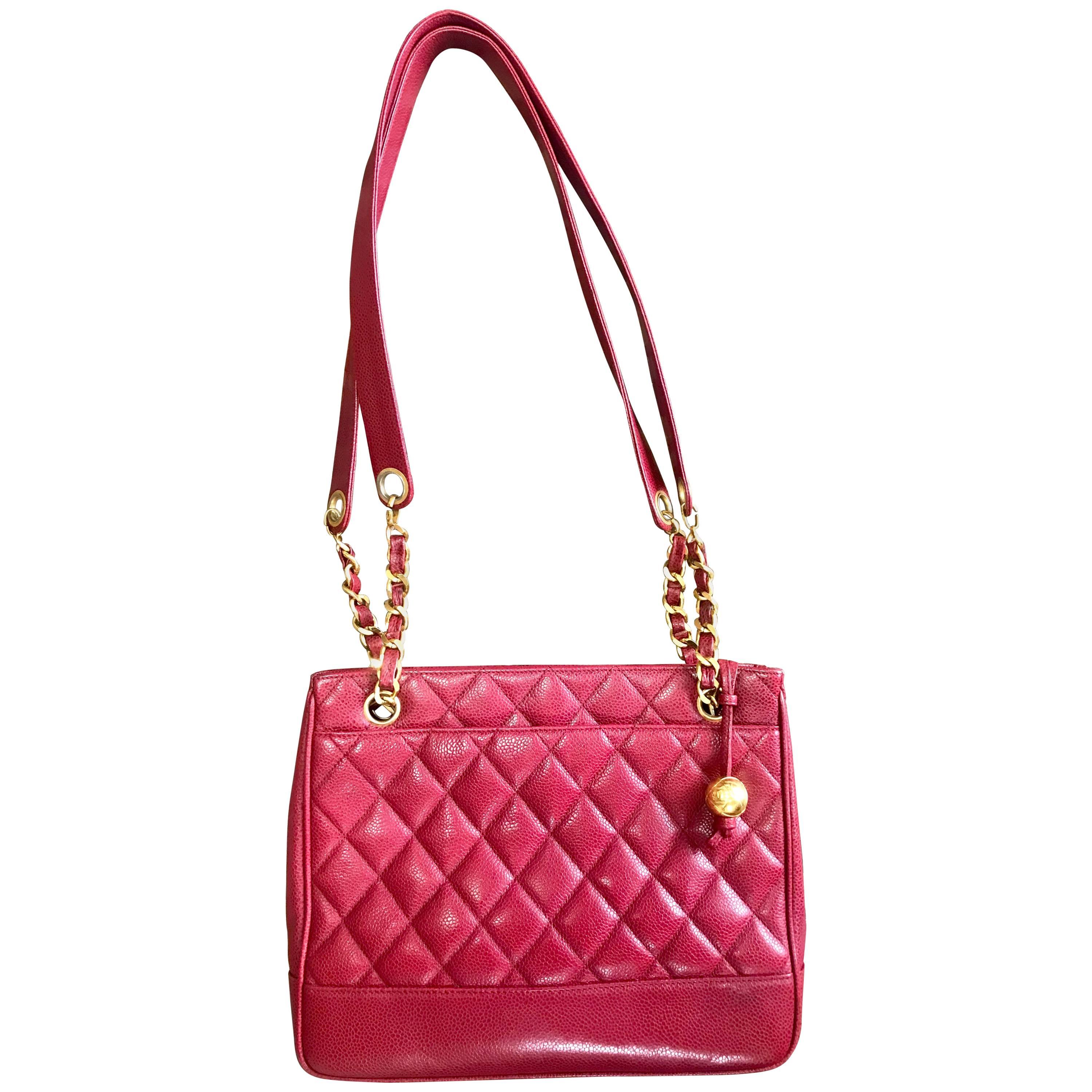 Vintage CHANEL cherry red caviar leather quilted shoulder bag, tote with cc ball For Sale