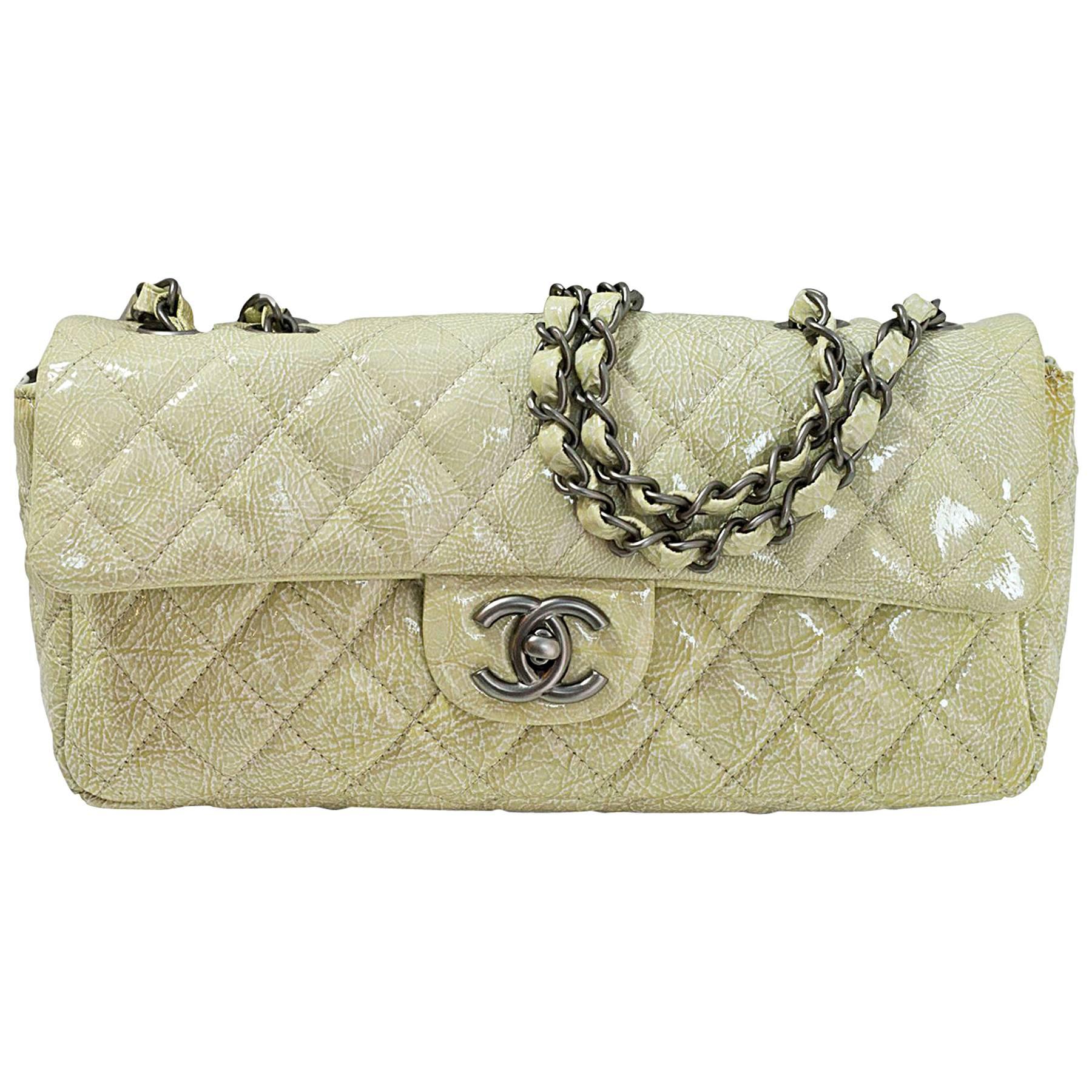 Chanel Beige Distressed Patent Leather Quilted East/West Flap Bag For Sale  at 1stDibs