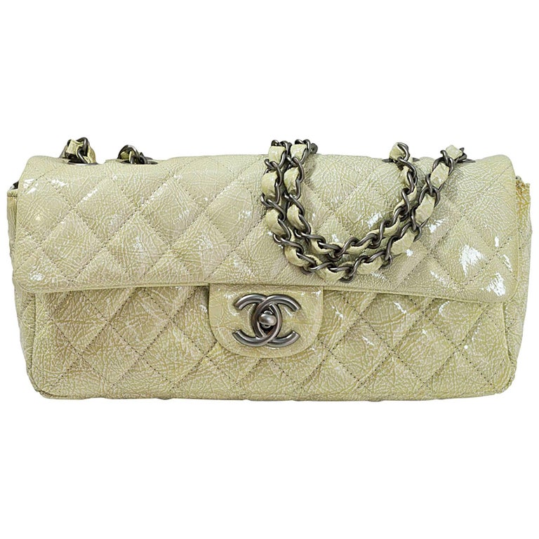 Chanel Beige Distressed Patent Leather Quilted East/West Flap Bag