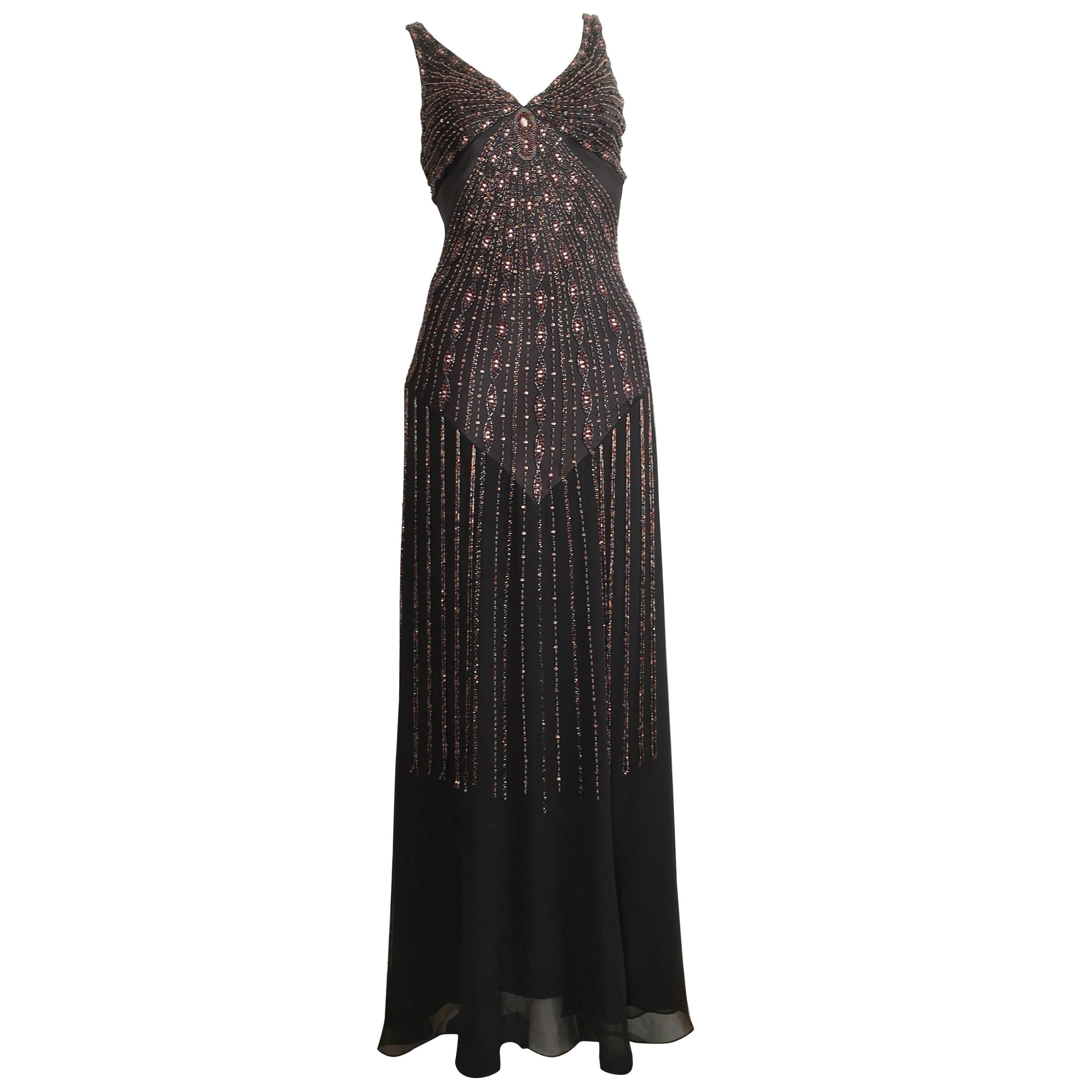Sue Wong Black Silk Beaded Maxi Bias Cut Dress Size 2. For Sale