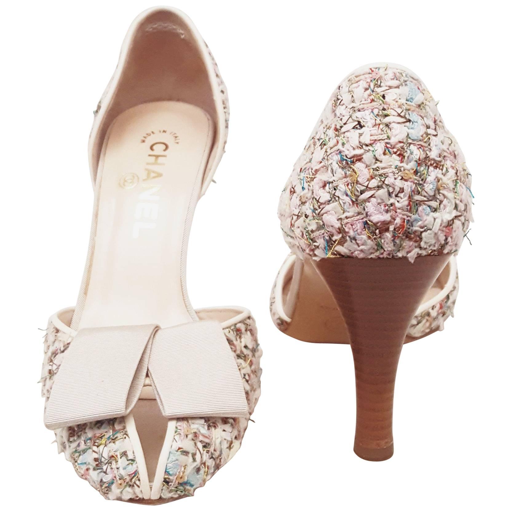 Chanel Multi Color Tweed Pumps with Wooden Round Heels