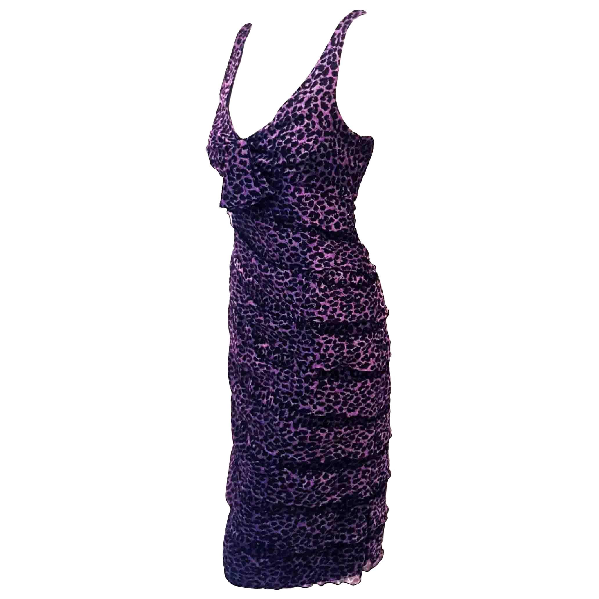 Giorgio Armani Silk V Neck Purple Animal Print Tiered Ruffle Dress  For Sale