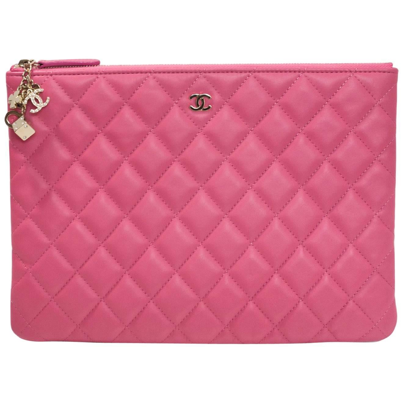 Chanel Pink Lambskin Medium Casino O-Case Clutch Bag with Box
