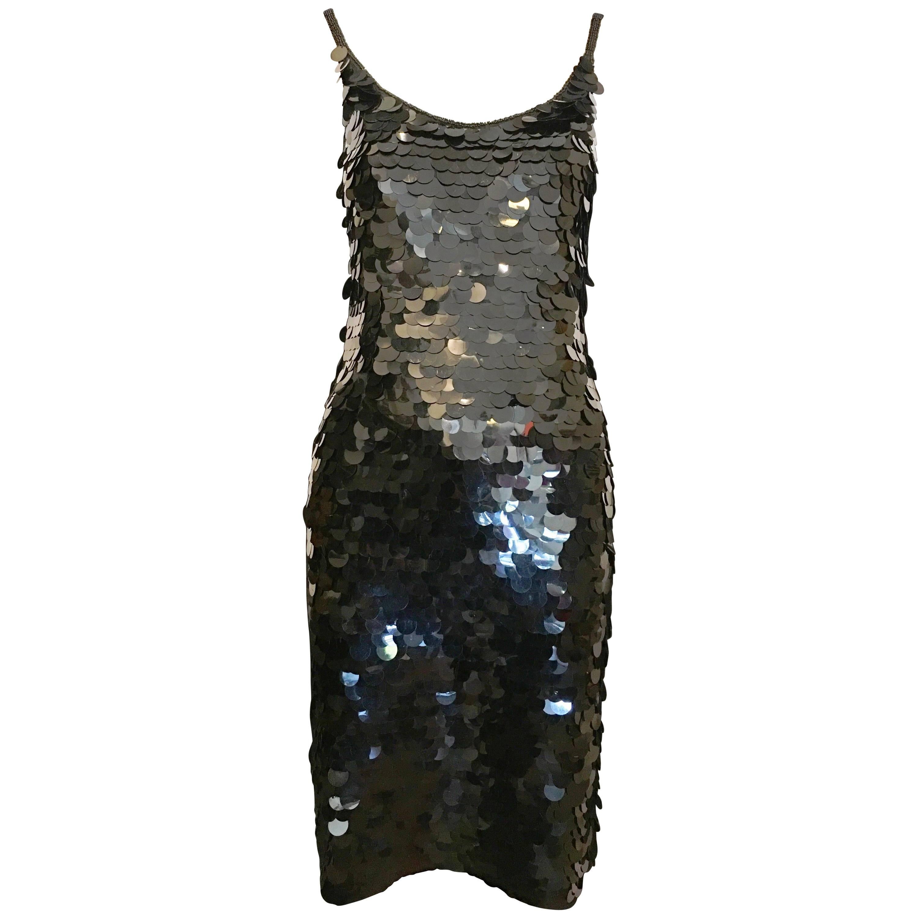1980s Oleg Cassini Black Fish Scale Sheath Dress For Sale