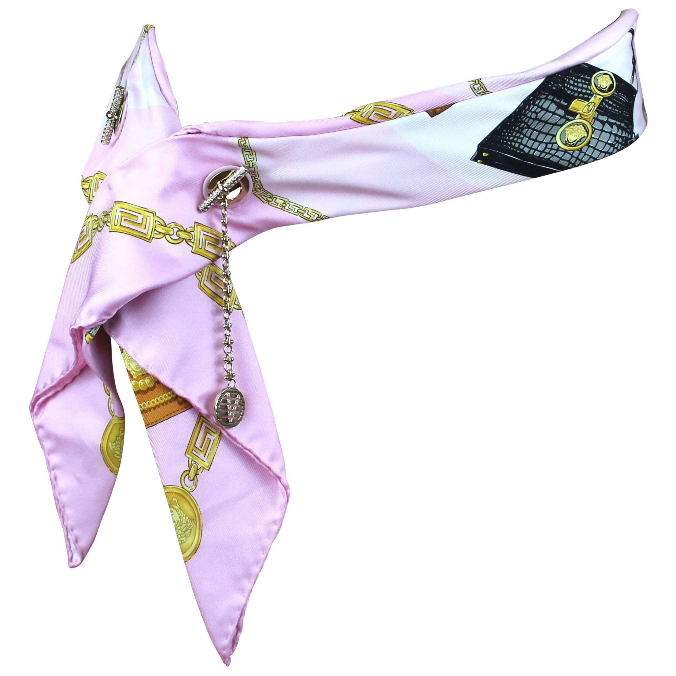 Versace Pink Silk Belt with Medusa Print & Gold Chain