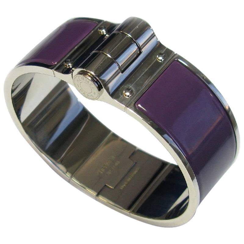Hermès Hinged Cuff Bracelet in Palladium Plated Brass and Purple Enamel