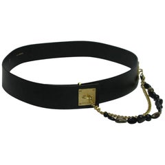 Chanel Belt in Black Leather With Double Chain in Gold Mesh and Dark Stones 