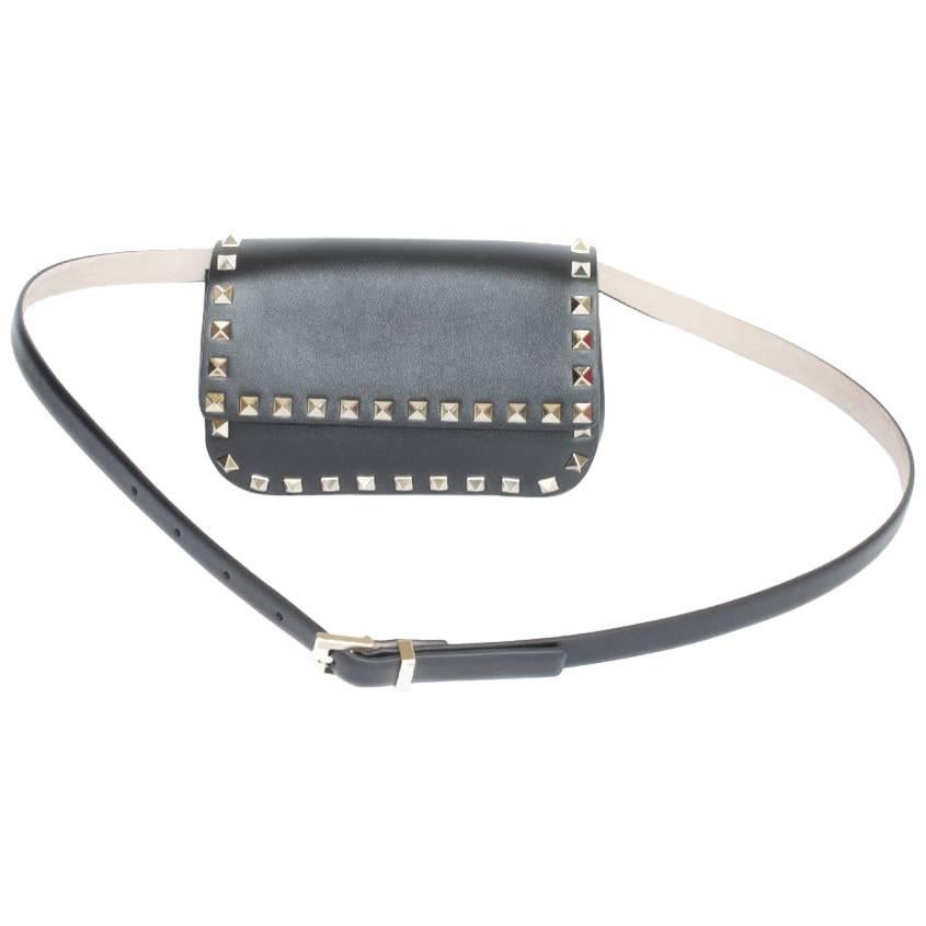 VALENTINO  Rockstud Line Clutch in Black Leather and Gilded Studs