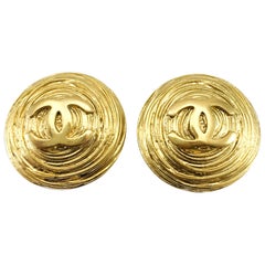 Vintage 1988 Chanel Gold-Plated Texturized Round Logo Earrings