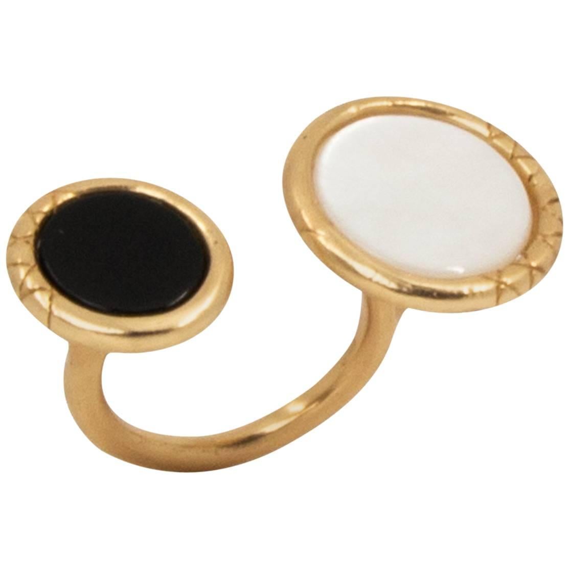 Giulia Barela Ouroboro Double stone Black Onyx Nacre Gold Plated Bronze ring  For Sale