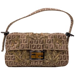 Fendi Baguette Bag in Brown Monogram Canvas with Gold Thread Embroidery