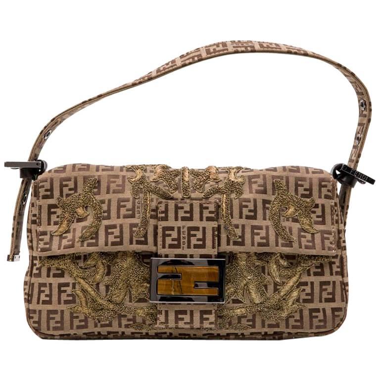 Fendi Baguette Bag in Brown Monogram Canvas with Gold Thread Embroidery ...
