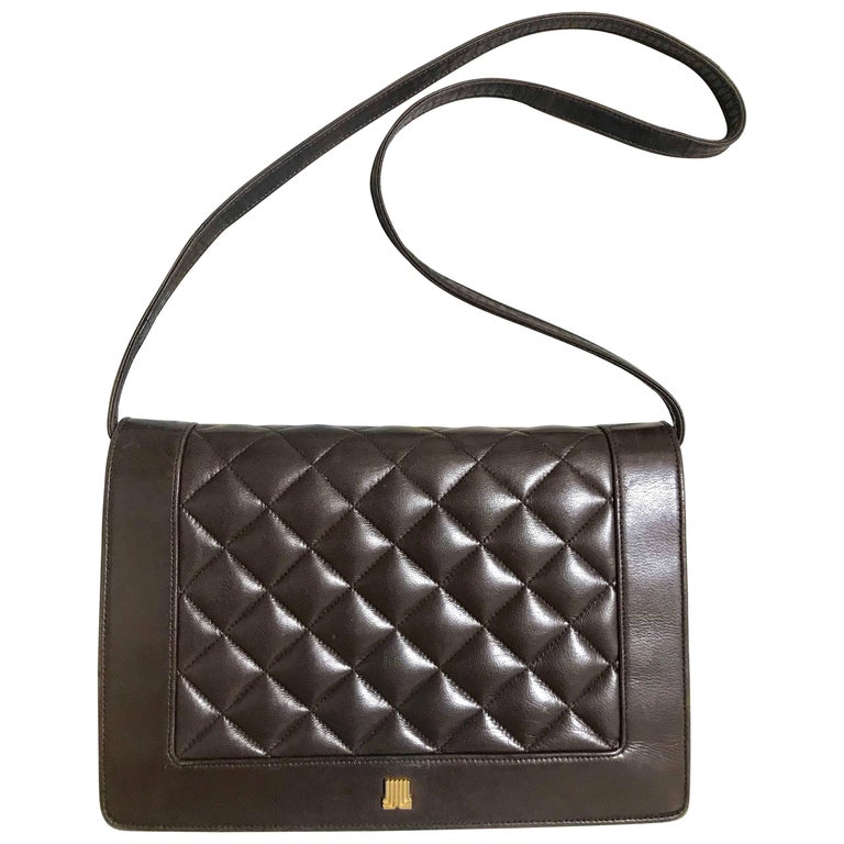 Vintage LANVIN dark brown lamb leather quilted stitch design shoulder clutch bag For Sale at 1stDibs