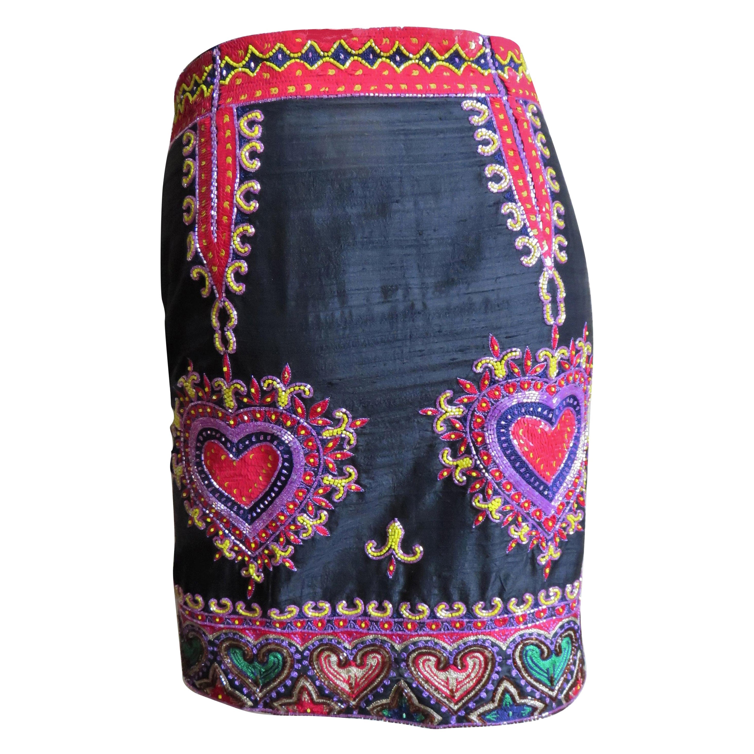  Todd Odham Heart Embroidered Silk Skirt with Beading 1980s For Sale