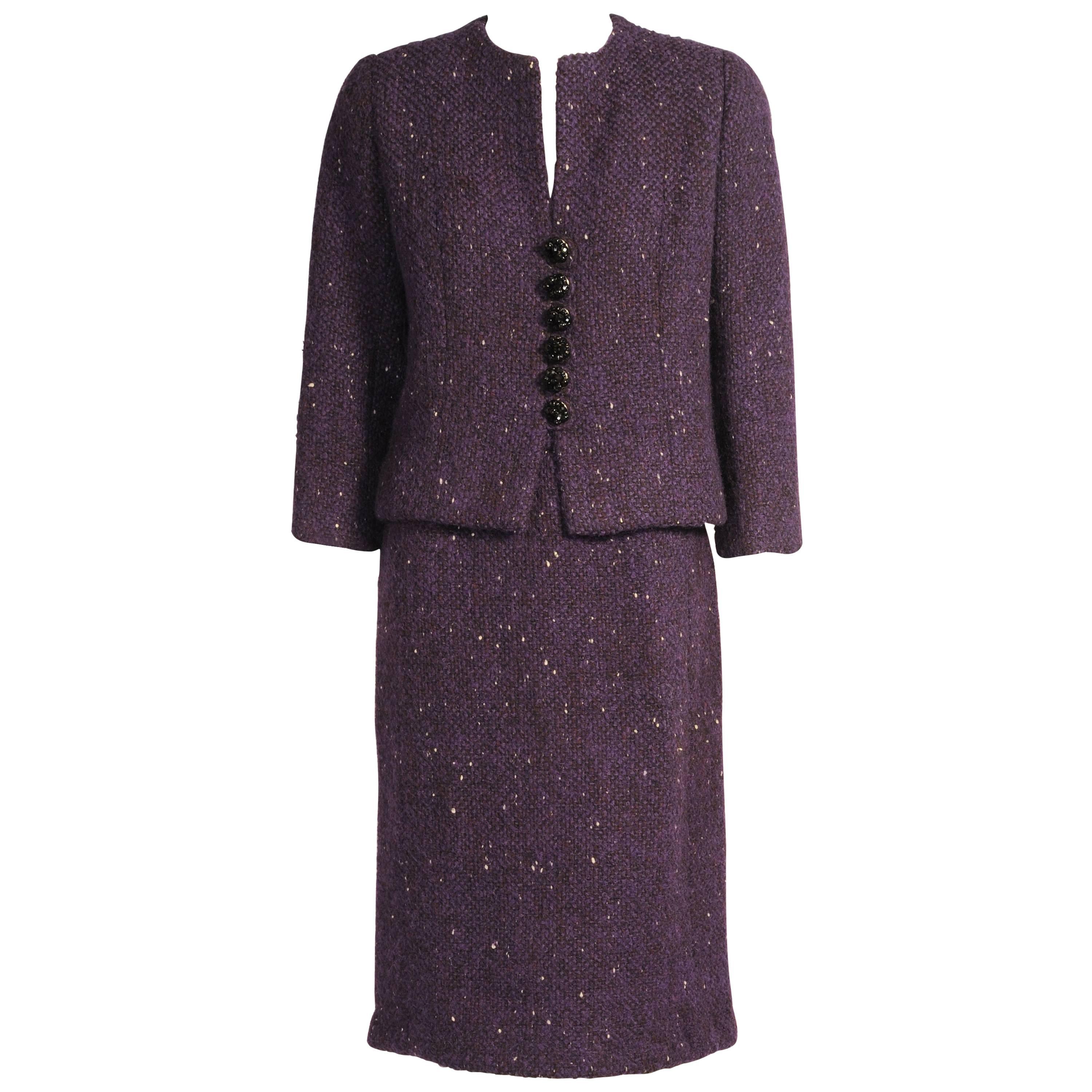 Cristobal Balenciaga Eisa Haute Couture Deep Purple Wool Tweed Skirt Suit