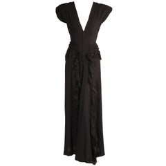 Eisenberg Originals Lace trimmed Black Crepe Evening Gown with Peplum, 1940s 