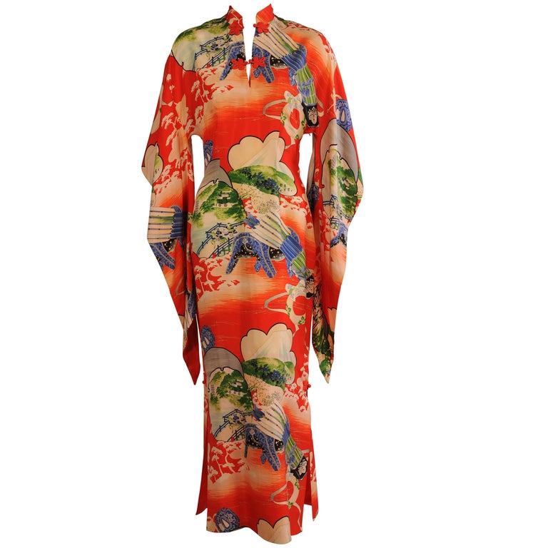Gladys Williams Hawaiian Dress Red Silk Print with a Japanese Inspired Design at 1stDibs