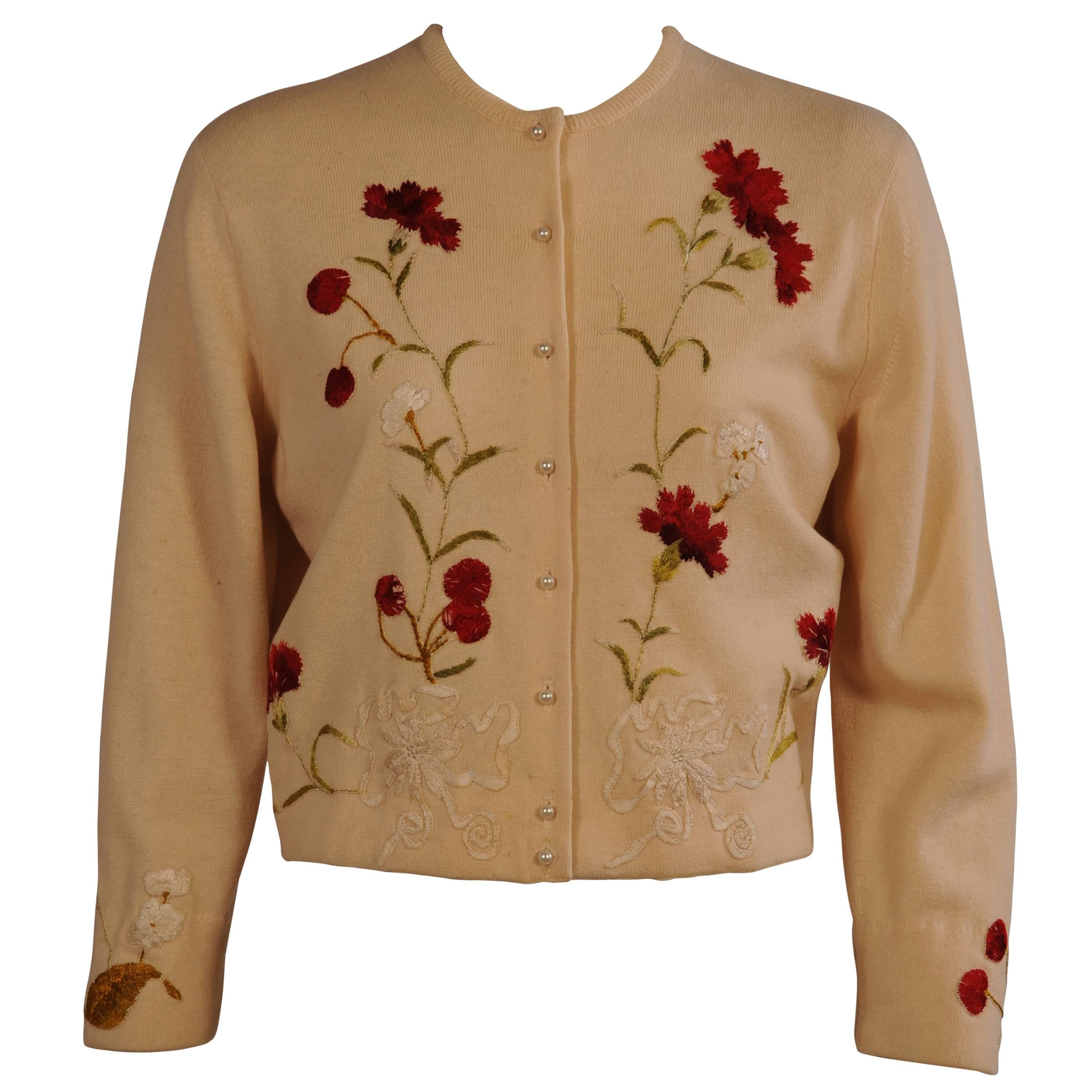Helen Bond Carruthers Cashmere Sweater with Antique Silk Floral Appliques