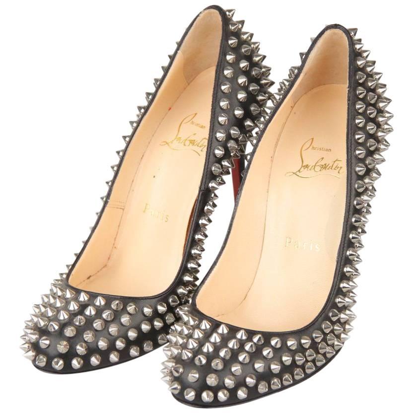 CHRISTIAN LOUBOUTIN Black Leather Fifi Spikes 100 Pumps Shoes 36.5