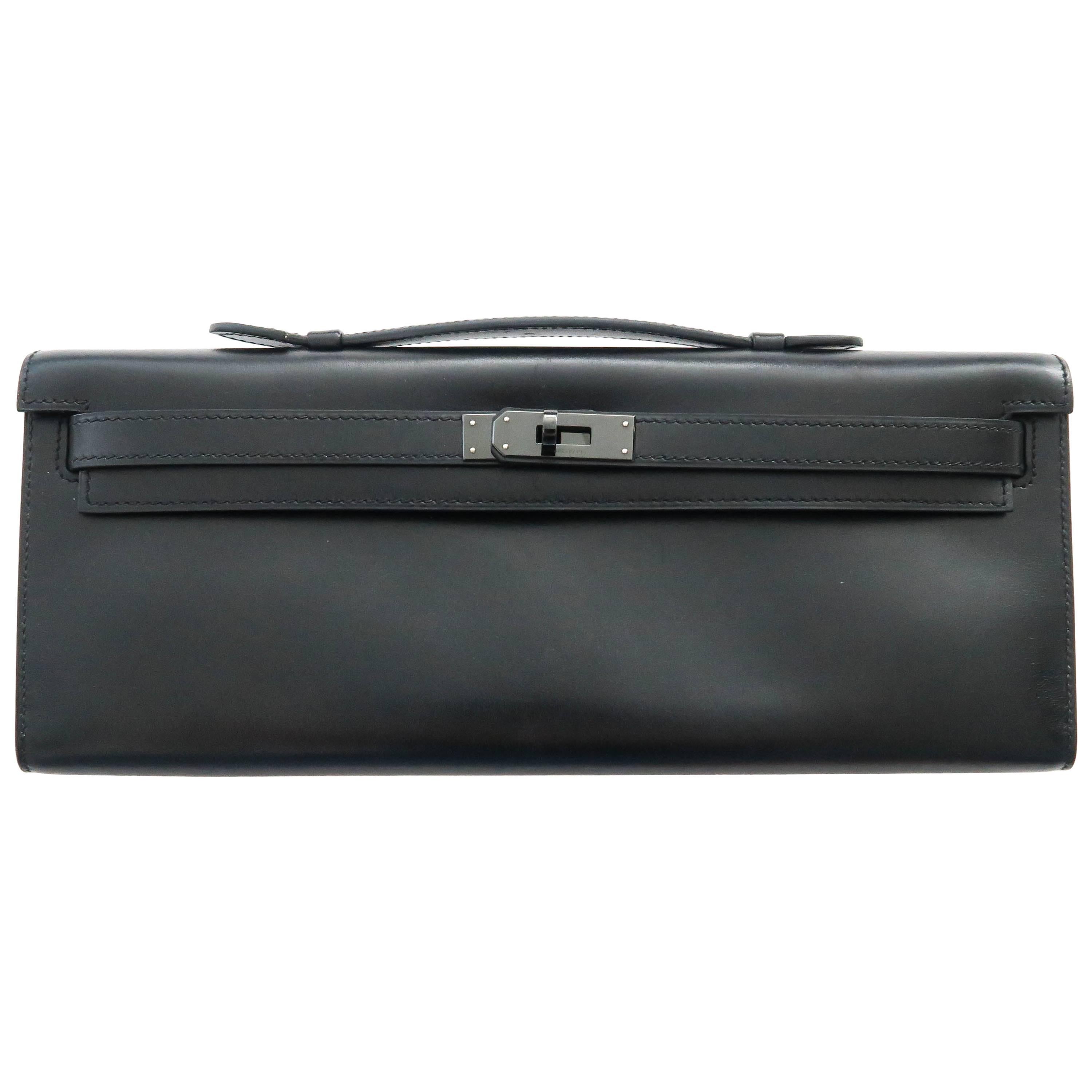 Hermes Kelly Cut Clutch Q Square Stamp in So Black with Blacktone hardware For Sale