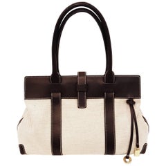 Loro Piana Beige Woven Canvas and Brown Leather with Gold tone Hardware Tote Bag