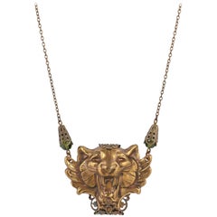 Vintage Brass Pressed Metal Winged Tiger Head Statement Pendant Necklace