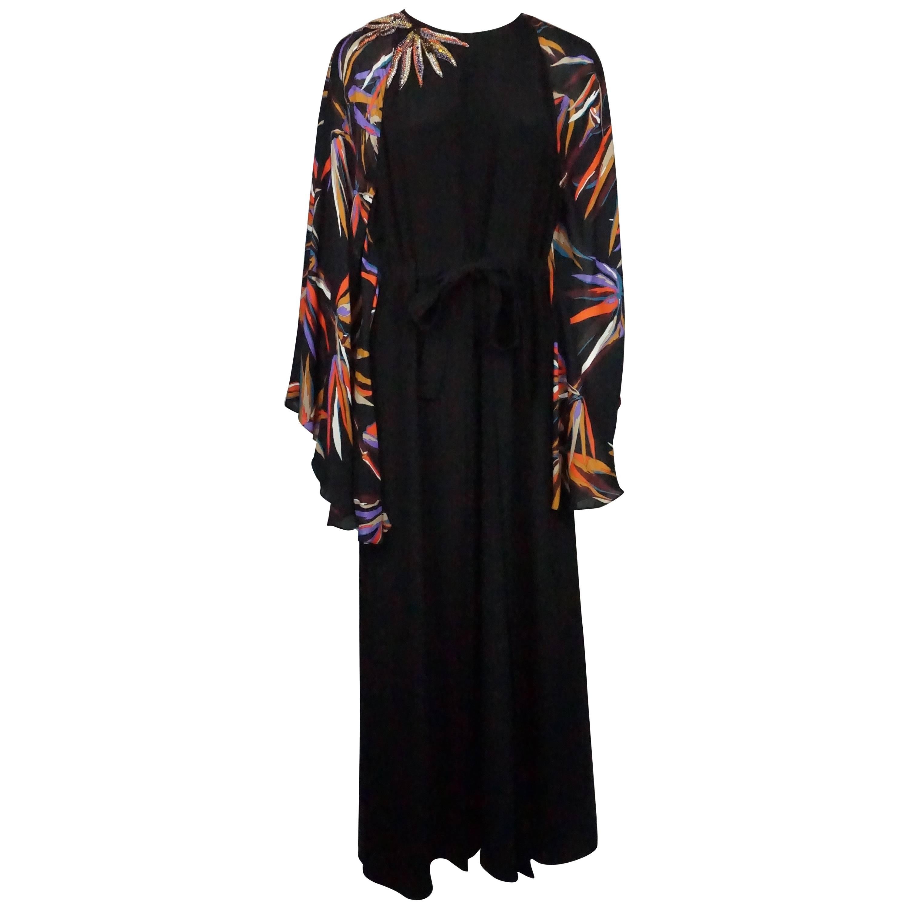 Emilio Pucci Black and Multi Silk Beaded Gown - 48