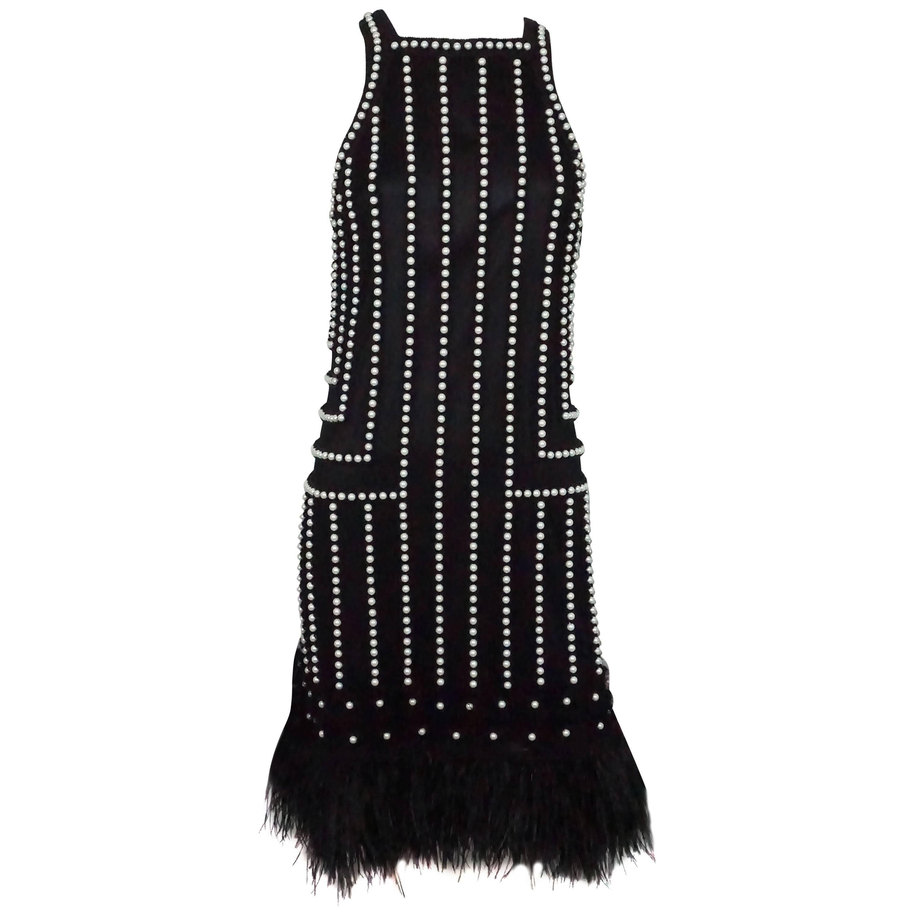 Joanna Mastroianni Black Sleeveless Pearl Beaded Dress with Feathers 