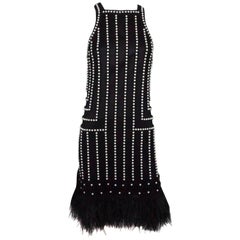 Joanna Mastroianni Black Sleeveless Pearl Beaded Dress with Feathers