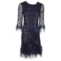 Joanna Mastroianni Navy Beaded Dress with Feathers